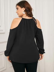 Plus Size Cold Shoulder Cut Out Tie-up Design Long Sleeves Blouse