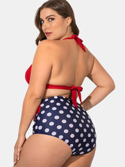 Plus Size Halter Lace-up High Waist Polka Dot Bottoms Bikini