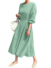 Solid Back Tie Crew Neck Lantern Long Sleeve Casual Dress