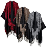 Vintage Women's Plaid Knitted Shawl Poncho - Faux Cashmere Tassel Cape for Winter