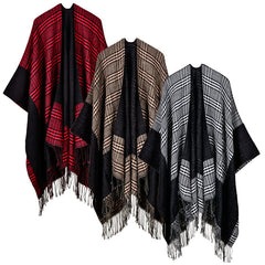 Vintage Women's Plaid Knitted Shawl Poncho - Faux Cashmere Tassel Cape for Winter