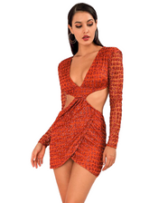 Sexy Orange Deep V-neck Open Back Slim Fit Party Dress For Ladies