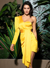 LOVE&LEMONADE Sexy Yellow One-Shoulder Puff Sleeve Ribbon Decoration Bodycon Party Dress LM81825 Autumn/Winter
