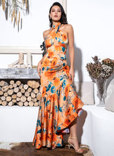 Sexy Orange Floral Print Cross Straps Backless Ruffled Maxi Dress For Ladies