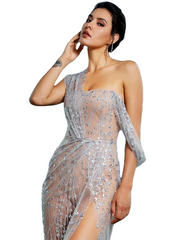Silver Charming Ladies' Cross Cut Out Straps Long Dress Made Of Glitter Glued Material