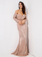 Gold Deep V Collar Long Sleeve Elastic Sequin Material Dress