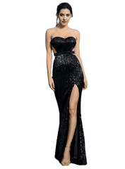 Sexy Open Back Strapless Pleated Sequined Slim Party Long Dress For Females