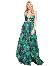 Leaf Print Sexy Cut Out Cross Straps Open Back Beach Maxi Dress For Women