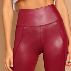 Casual Sexy Women's Wide Waistband Stretchy Skinny Leggings Burgundy