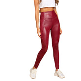 Casual Sexy Women's Wide Waistband Stretchy Skinny Leggings Burgundy