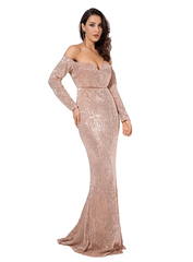Gold Deep V Collar Long Sleeve Elastic Sequin Material Dress