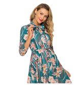 Leisure Floral Print Bow Stand Collar Lantern Sleeve Mid-Calf Dress For Female