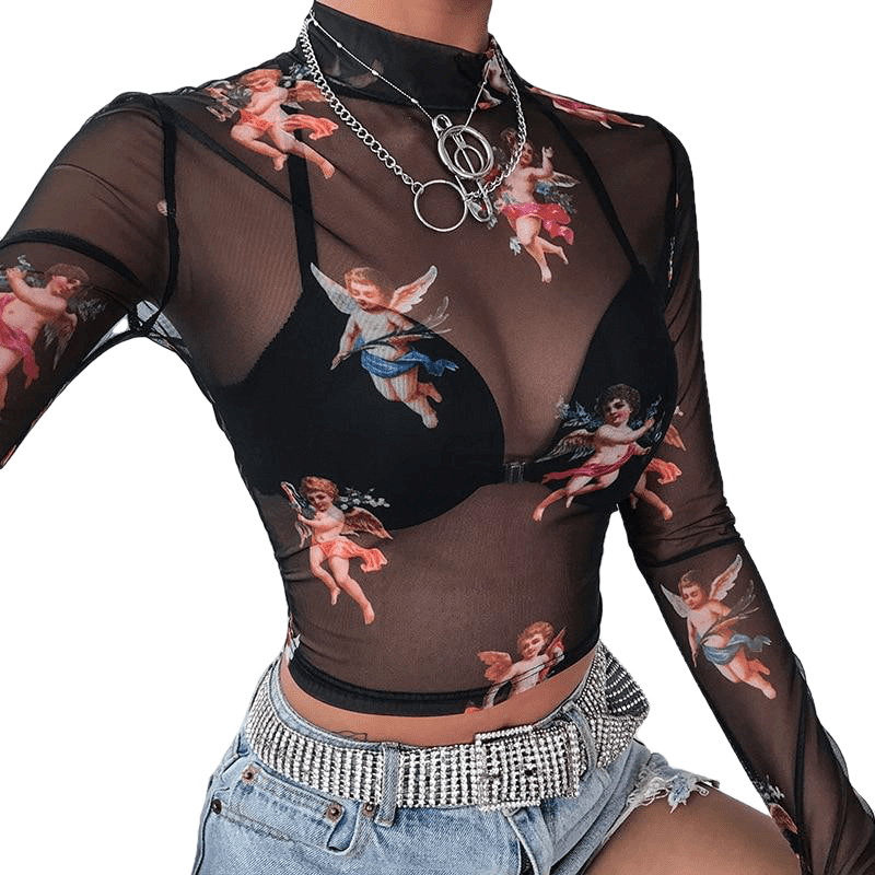 Sexy Women T Shirt See Through Transparent Mesh Tops Long Sleeve Sheer Slim Ladies Turtleneck T-Shirt New Arrival Women tshirt