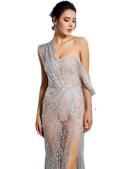 Silver Charming Ladies' Cross Cut Out Straps Long Dress Made Of Glitter Glued Material
