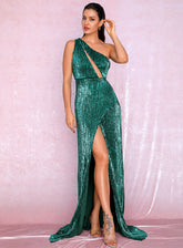 Sexy Ladies' One-shoulder Cross Cutout Slit Sequin Maxi Dress For Autumn/Winter Green