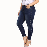 Vintage Casual Ladies' Mid Waist Skinny Jeans With Imitation Pearls Blue