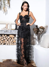 Sexy Black Sling Star Embroidery Sheer Mesh Long Dress For Women
