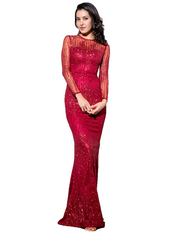 Crimson Round Neck Long Sleeve Perspective Back Glitter Glued Material Maix Dress