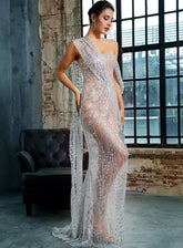 Silver Charming Ladies' Cross Cut Out Straps Long Dress Made Of Glitter Glued Material