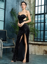 Sexy Open Back Strapless Pleated Sequined Slim Party Long Dress For Females