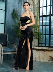 Sexy Open Back Strapless Pleated Sequined Slim Party Long Dress For Females