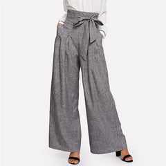 Elegant High Waist Self Belted Box Grey Loose Work Trousers Pants For Women'S