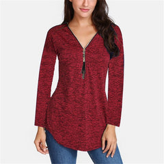 Cotton Long Sleeve V-neck Tassel Zipper T-Shirt Plus Size For Women - Sheseelady