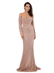 Gold Deep V Collar Long Sleeve Elastic Sequin Material Dress