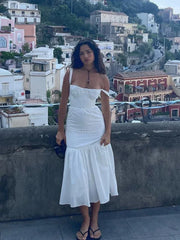 White Women's Summer Dress Linen-cotton Blend Jacquard Dress Elegant Sexy Midi Vacation Holiday Dress