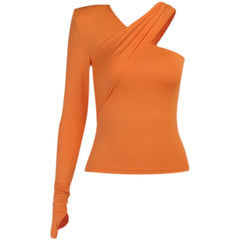 Asymmetric T-shirt Long Sleeve Slim-Fit Padded Shoulder Splice Top