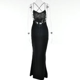 Sexy Spaghetti Strap Bodycon Satin Dress With Open Back Lace Up Female Long Dress Elegant Party Club Evening Dress