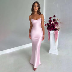 Sexy Spaghetti Strap Bodycon Satin Dress With Open Back Lace Up Female Long Dress Elegant Party Club Evening Dress