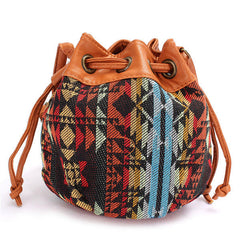 Women Bohemia Canvas Bucket Bags Drawstring Crossbody Shoulder