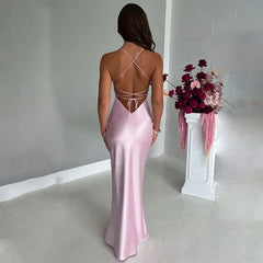 Sexy Spaghetti Strap Bodycon Satin Dress With Open Back Lace Up Female Long Dress Elegant Party Club Evening Dress