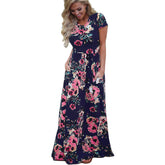 Plus Size Short Sleeve Summer Floral Print Long Maxi Dress