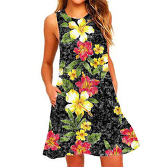 Women's Summer Pineapple Print Sleeveless Beach Dress - Casual, Breathable, Elastic, Round Neck