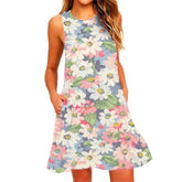 Women's Summer Pineapple Print Sleeveless Beach Dress - Casual, Breathable, Elastic, Round Neck