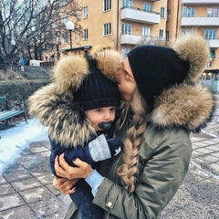Winter Warm Knitted Wool Hat with Double Hairball Earmuffs for Women & Kids - Cute Beanie Cap