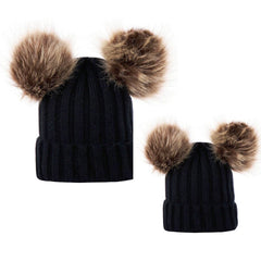 Winter Warm Knitted Wool Hat with Double Hairball Earmuffs for Women & Kids - Cute Beanie Cap