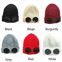 Warm Winter Knitted Beanie with Removable Glasses, Plush Lining, Unisex Ski Cap for Outdoor Activities