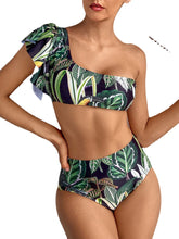 Tropical Plant Print One Shoulder Bandage Backless High Waist Green Bikinis Swimwear