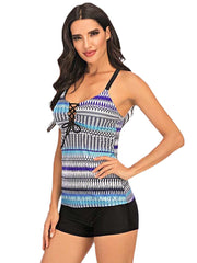 Plus Size Women Ethnic Print Front Bandage Criss-Cross Tankini Cover Belly Beachwear