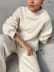 Women Solid Rib-Knit Hoodie Drawstring Wide Leg Pants Casual Long Two-Piece Set