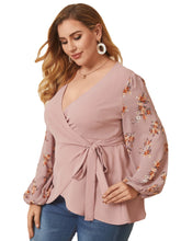 Plus Size Women Floral Long Sleeve Print Wrap Lace-Up Casual Blouses