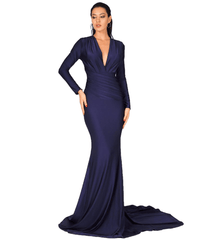 Love&Lemonade  Sexy NAVY Deep V-Neck Slim Fit Elastic Fabric Trai Ling Dress LM81535 NAVY