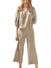 Leisure Solid Pocket Square Collar Ruched Elastic Waist Cotton Suit