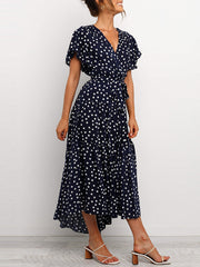 Women Polka Dot V-Neck Short Sleeve Casual Dresses With Belt