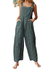 Women Vintage Ditsy Floral Print Double Pocket Casual Strappy Jumpsuits