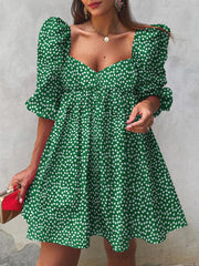 Women Puff Sleeve Thigh Pleating Puff Sleeve Length Floral Midi Dresses