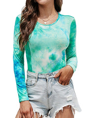O-Neck Long Sleeve Tie Dye Print Tight-fitting Sport Bodysuit